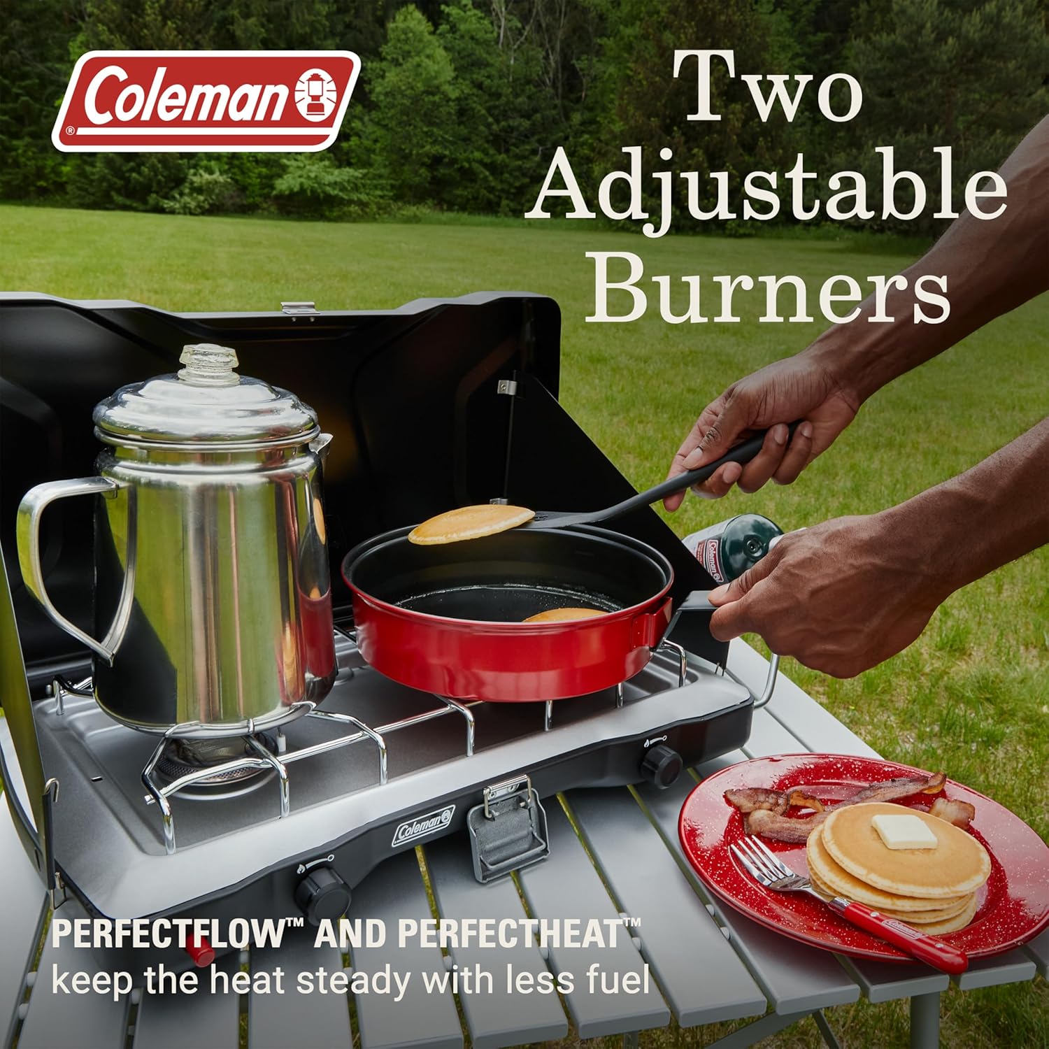 Coleman Triton+ 2-Burner Propane Camping Stove with InstaStart Ignition, Portable Camping Cooktop with 2 Adjustable Burners & Wind Guards, 22,000 BTUs of Power for Camping, Tailgating, Grilling