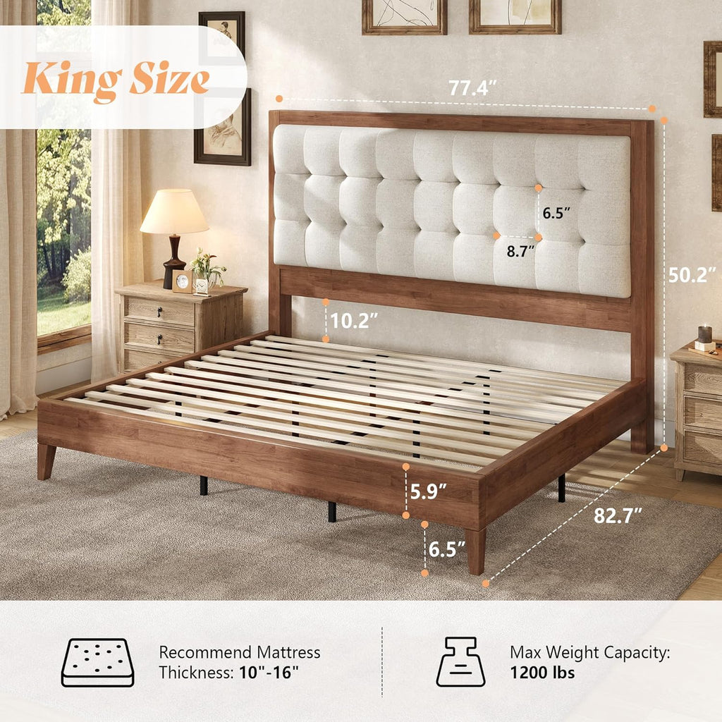 AMERLIFE King Size Bed Frame and Headboard, Solid Wooden Bed Frame King Size Platform Bed Frame Mid-Century Style, No Box Spring Required, Walnut