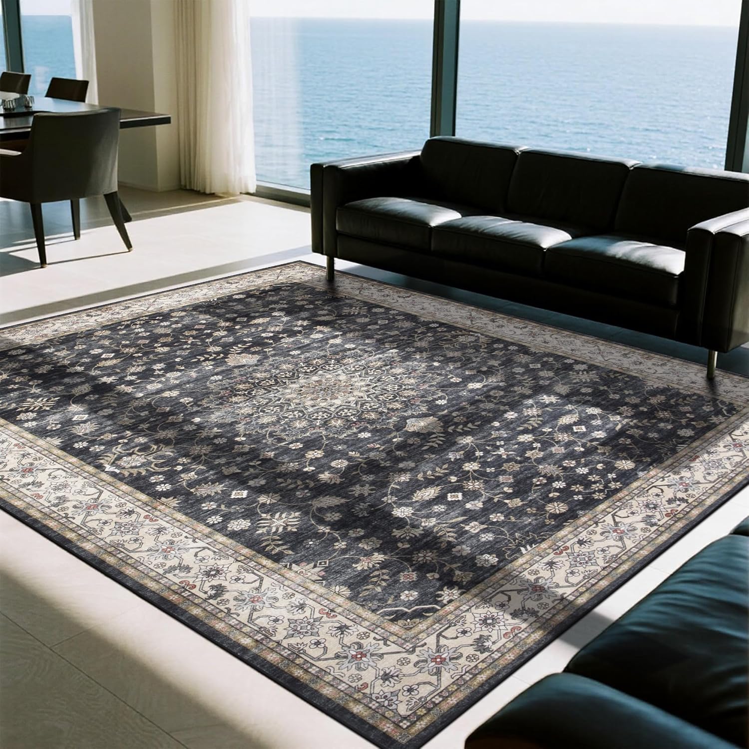 Srugn Washable Area Rug for Living, Bedroom & Dining Room, Ultra Soft Faux Wool Retro Large Carpet, Non-Slip/Shedding Low Pile Vintage Print for Home Office Decor, Beige Ivory Cream Brown Camel, 5x7
