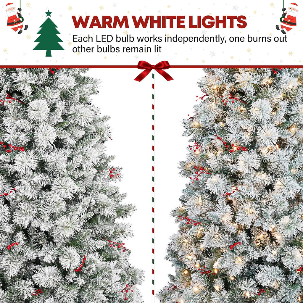 6 ft Lighted Snow Flocked Christmas Tree, 250 Warm White Lights, Artificial Christmas Tree with 1032 Frosted Branch Tips, Metal Stand and Hinged Branches for Indoor Decor