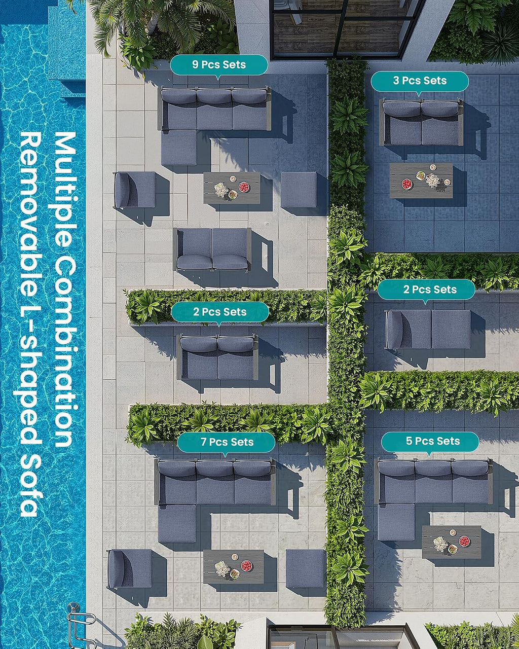 SERWALL HDPE Patio Loveseat Sofa, 2 Pieces Single Sofa, Weather-Resistant Outdoor Furniture Chair with Thick Removable Cushion, Balcony, Garden, Backyard, Poolside, Grey Frame with Grey Cushion