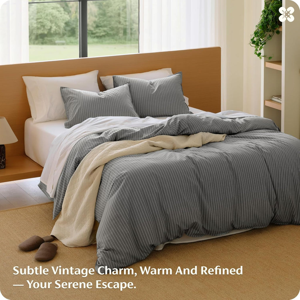 Bedsure Striped Duvet Cover Queen, 100% Washed Cotton Duvet Cover Linen‑Like, PureWoven with Reversible Yarn‑Dyed Design & Double‑Stitch Craft, 3-Piece with Zipper, Stripes Dark Grey, 90"x90"