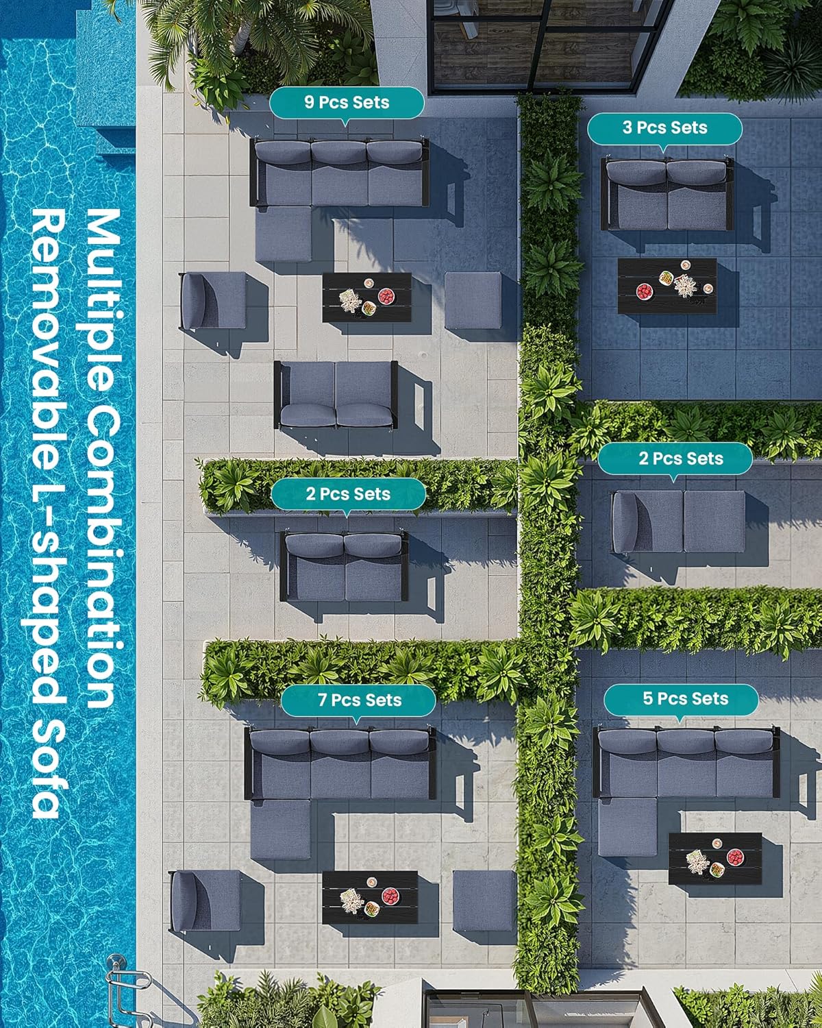 SERWALL HDPE Patio Loveseat Sofa, 2 Pieces Single Sofa, Weather-Resistant Outdoor Furniture Chair with Thick Removable Cushion, Balcony, Garden, Backyard, Poolside, Black Frame with Grey Cushion