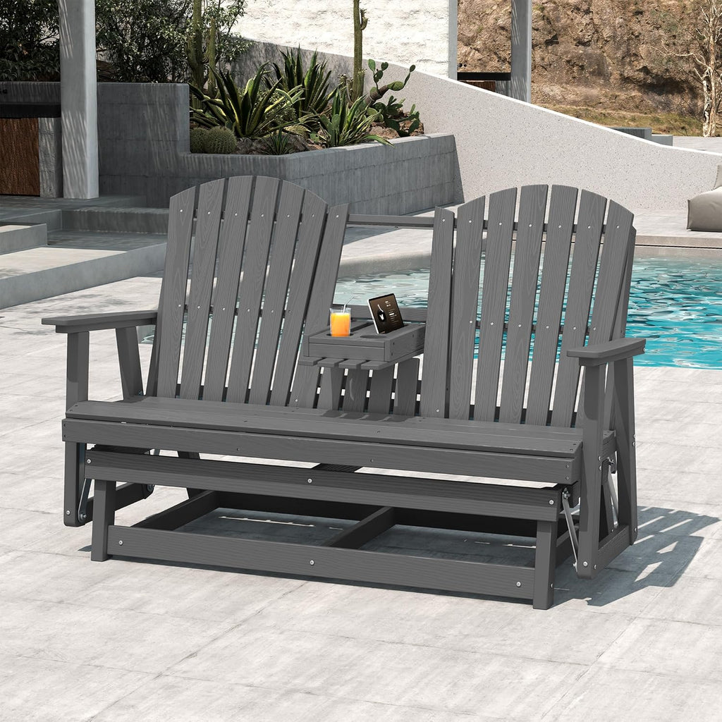 SERWALL 3 Person Outdoor Glider Bench with Cup Holder and iPad Placement,Oversized 66" HDPE Patio Glider Bench, All Weather Patio Glider Chair for Garden,Park,Yard,Front Porch,Gray