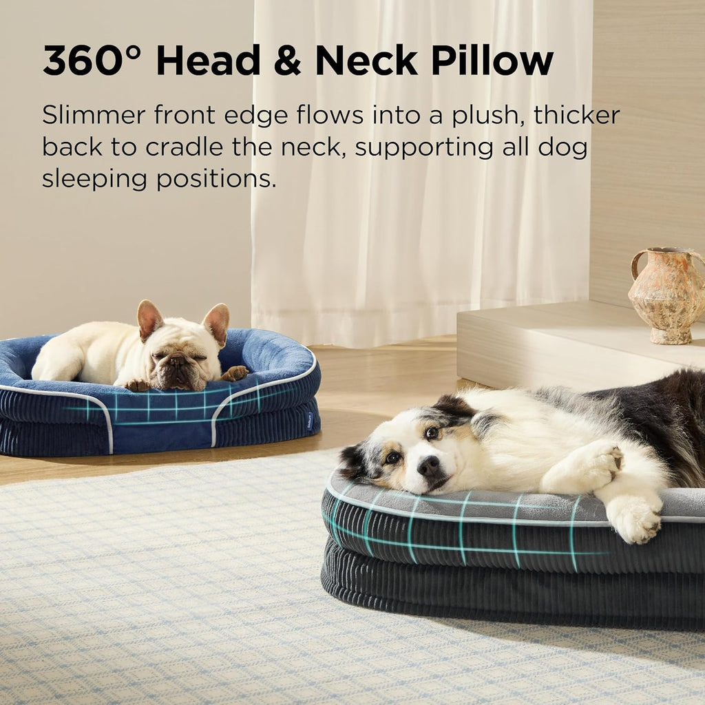 Bedsure Orthopedic Dog Bed Medium Size Dog - 360° Oval Bolster Medium Dogs Beds for Senior Dogs with Waterproof Washable Cover, Comfort Pet Sofa Couch with Ultra-Soft Fleece, Navy Blue, 30"