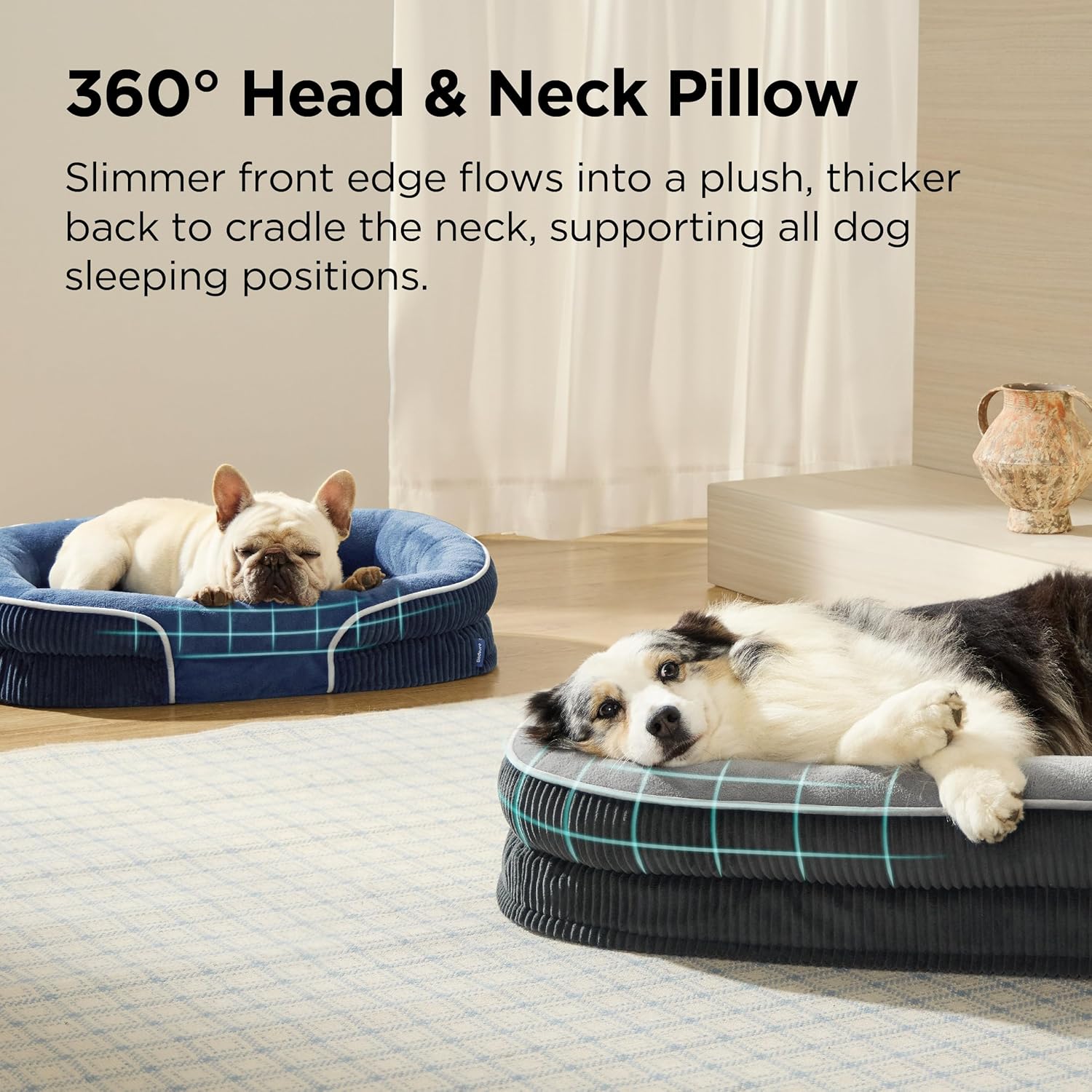 Bedsure Orthopedic Dog Bed Medium Size Dog - 360° Oval Bolster Medium Dogs Beds for Senior Dogs with Waterproof Washable Cover, Comfort Pet Sofa Couch with Ultra-Soft Fleece, Navy Blue, 30"