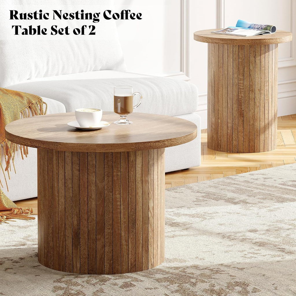 AMERLIFE Rustic Nesting Coffee Table Set of 2, Wood Finish Coffee Table Set, Farmhouse Round Sofa Side Tables for Living Room, Small Spaces, Natural Finish