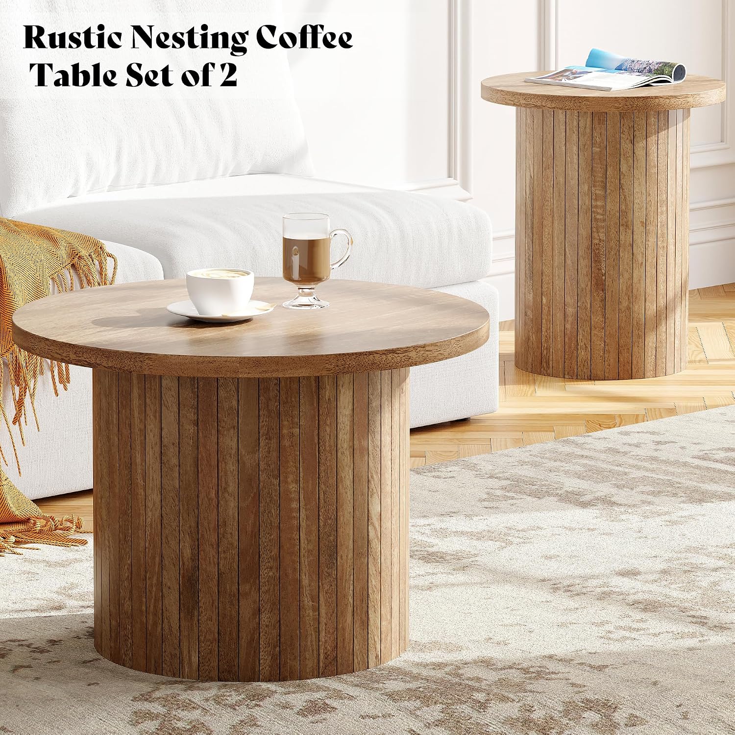 AMERLIFE Rustic Nesting Coffee Table Set of 2, Wood Finish Coffee Table Set, Farmhouse Round Sofa Side Tables for Living Room, Small Spaces, Natural Finish