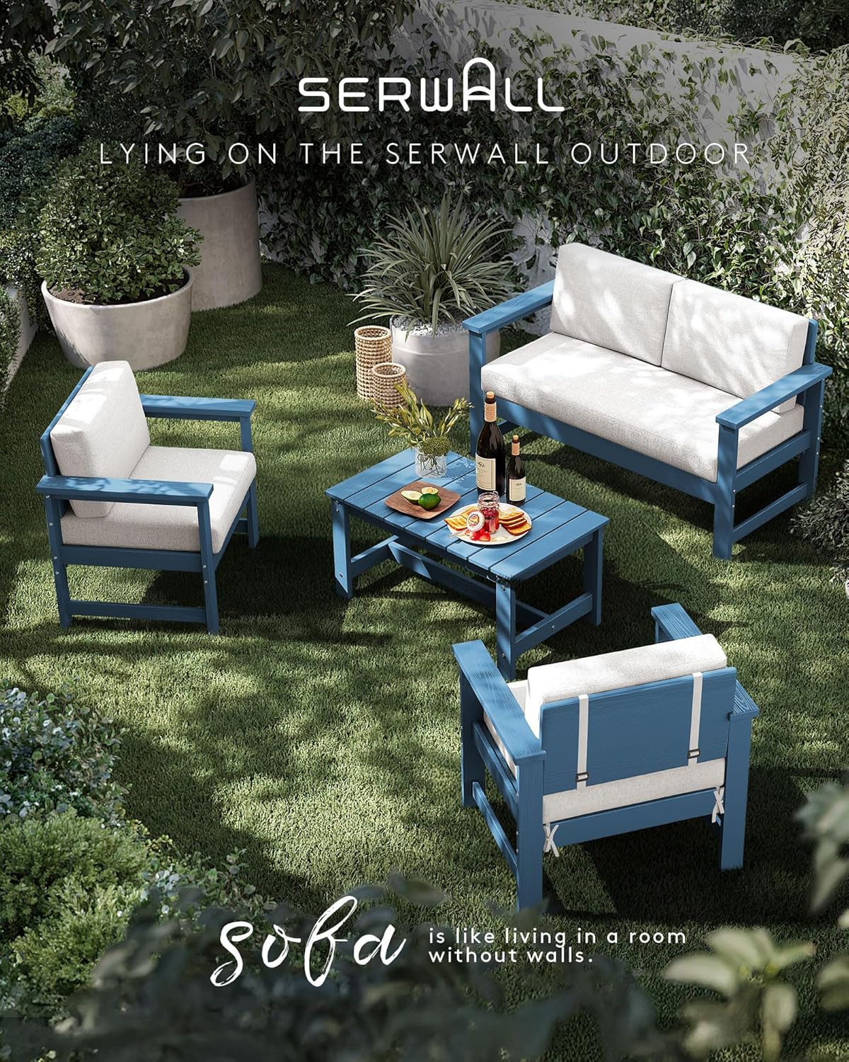 SERWALL 3 Pieces HDPE Outdoor Sofa Bistro Set with Cushion, Patio Outdoor Furniture Sofa Sets with Porch Chairs and Coffee Table, Blue Frame/Khaki Cushion