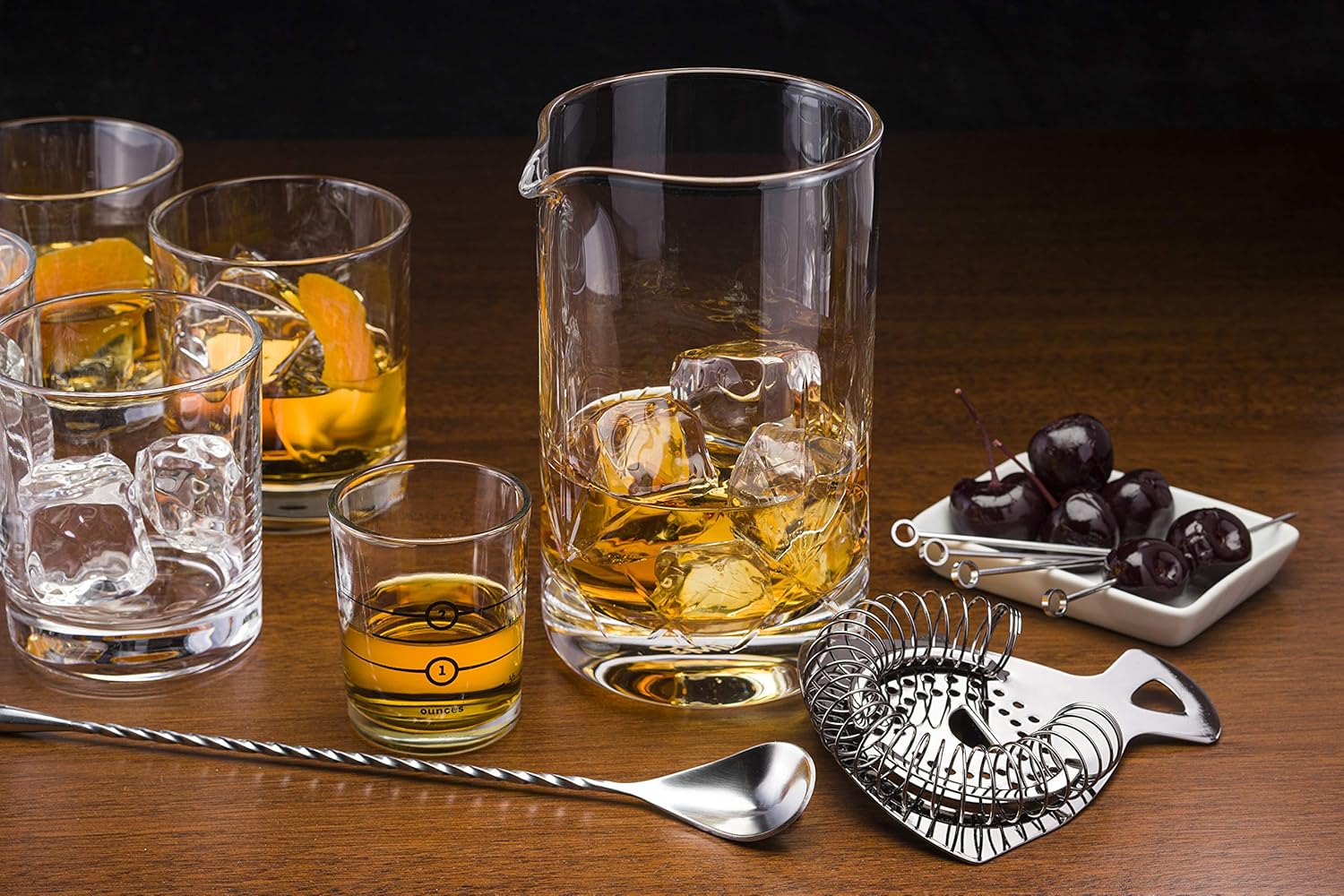 Cork & Mill Cocktail Mixing Glass, Old Fashioned Kit, Large 24 oz Crystal Cocktail Mixer for Bartenders, 9-Piece Home Bar Accessories Set for Manhattans and Other Whiskey Drinks