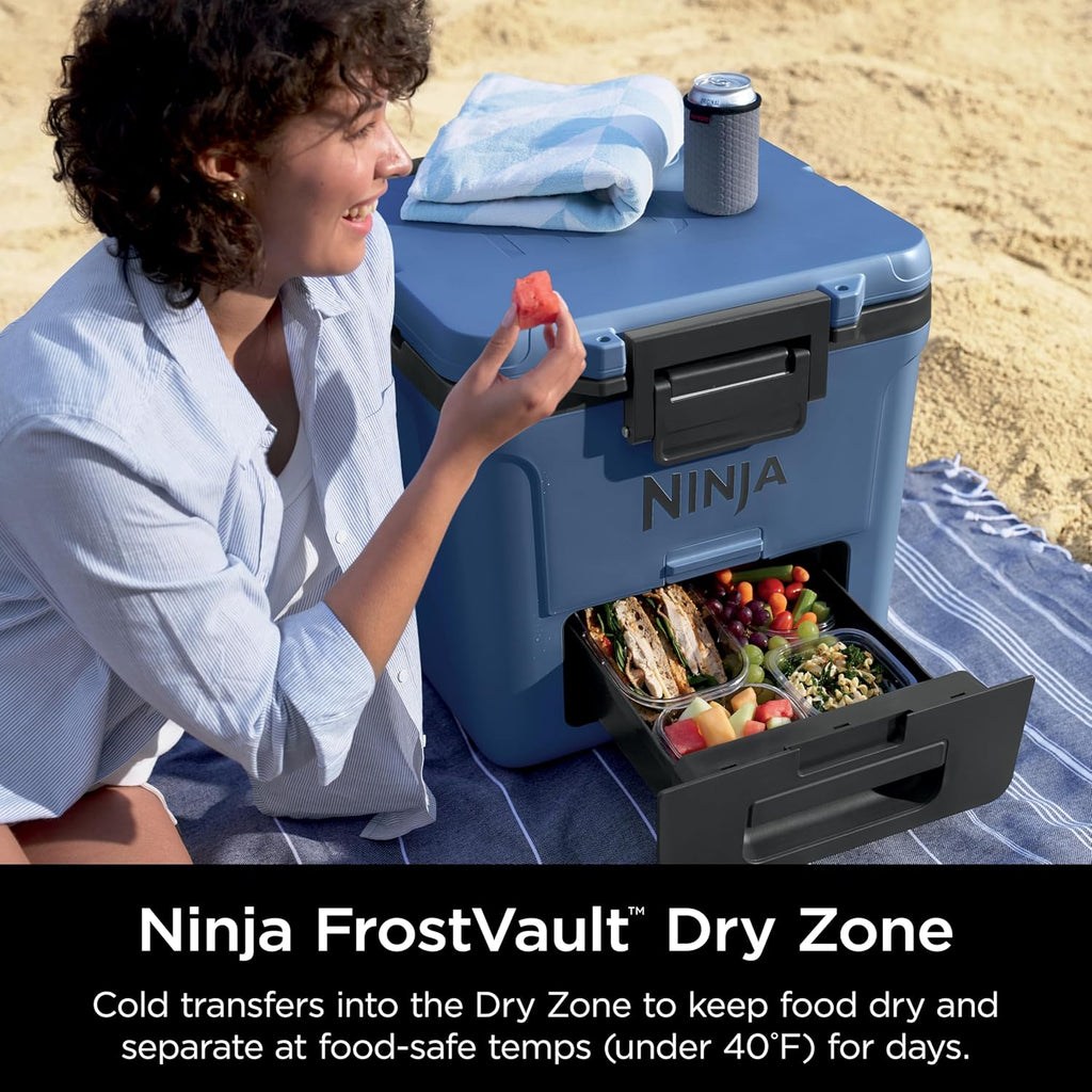 Ninja | Cooler | FrostVault 30QT Cooler with Wheels | Insulated with Temp Dry Storage Drawer | Keeps Ice Cold for Days | for the Beach, Camping, Picnics & More | Lakeshore Blue | FB230BL