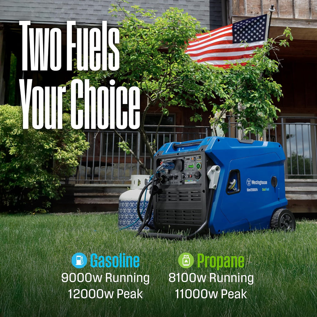 Westinghouse 12000 Peak Watt Dual Fuel Portable Inverter Generator, Remote Electric Start, Transfer Switch Ready, Gas and Propane Powered, Low THD - Safe for Electronics, Parallel Capable, CO Sensor