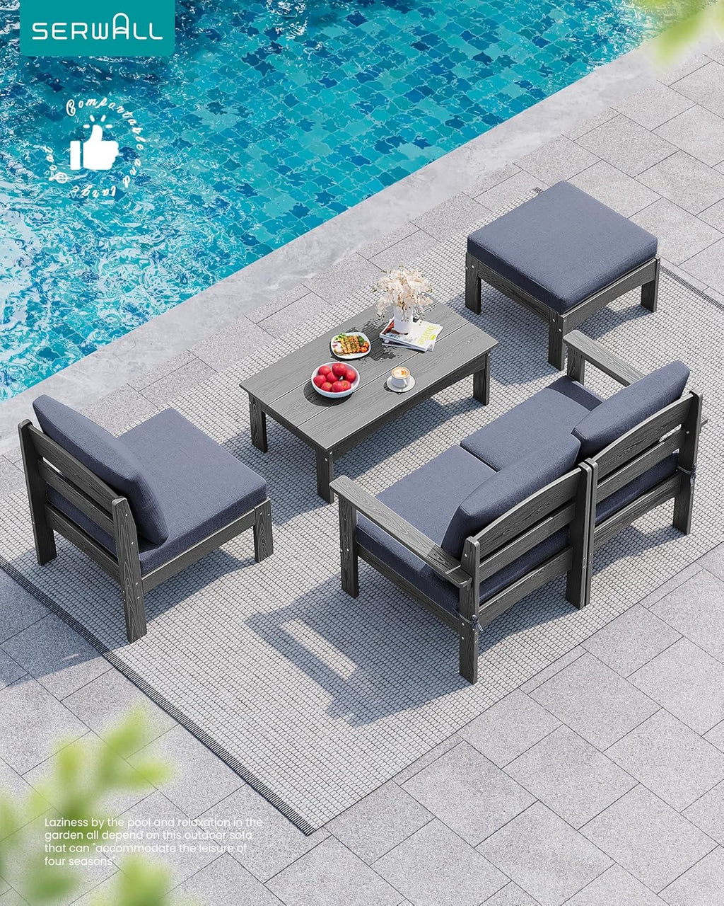 SERWALL HDPE Patio Loveseat Sofa, 2 Pieces Single Sofa, Weather-Resistant Outdoor Furniture Chair with Thick Removable Cushion, Balcony, Garden, Backyard, Poolside, Grey Frame with Grey Cushion