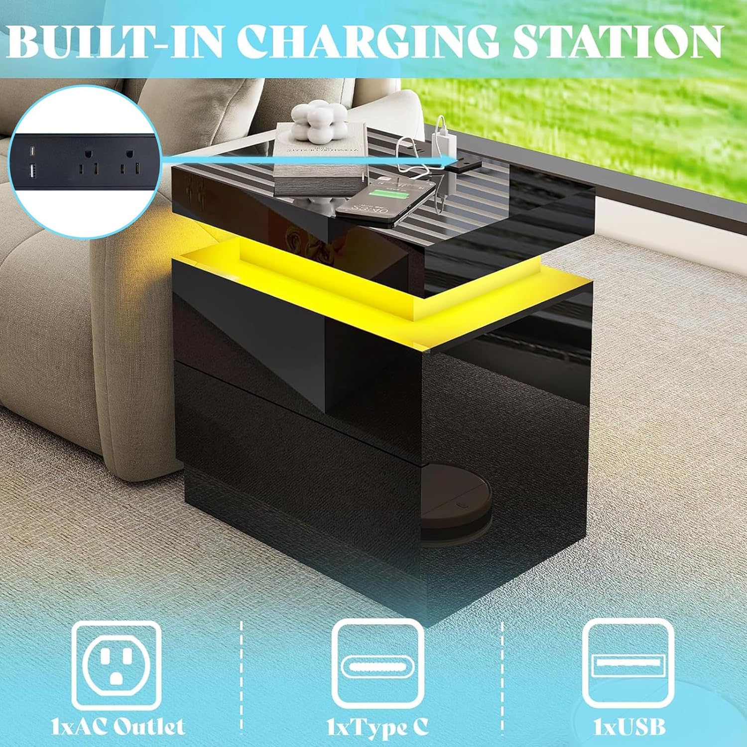 AMERLIFE 3-Piece High Gloss Living Room Table Set with LED Lights, Modern Coffee Table and 2 Side Tables, 2-Tier Center Table with Storage, Black Nightstands with Charging Station