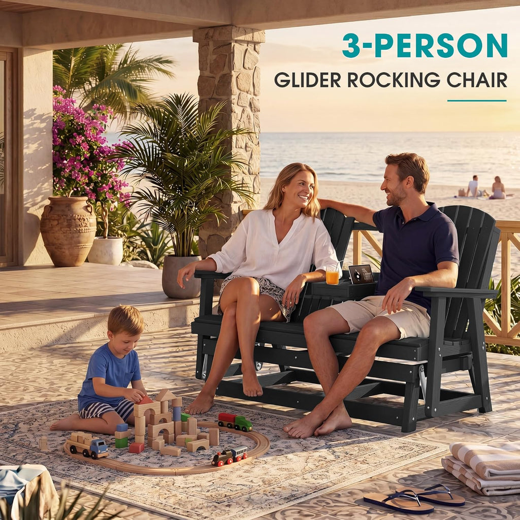 SERWALL 3 Person Outdoor Glider Bench with Cup Holder and iPad Placement,Oversized 66" HDPE Patio Glider Bench, All Weather Patio Glider Chair for Garden,Park,Yard,Front Porch,Black