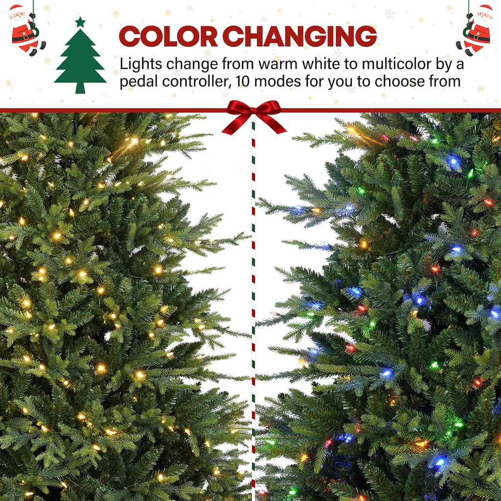 9 ft Lighted Artificial Christmas Tree, 600 Color Changing LED Lights, 5149 PE&PVC Mixed Branch Tips, Metal Base and Hinged Branches for Party, Home, Holiday, 10 Modes