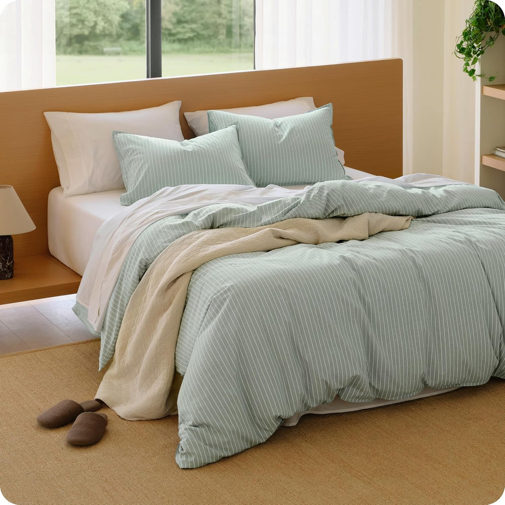 Bedsure Striped Duvet Cover Queen, 100% Washed Cotton Duvet Cover Linen‑Like, PureWoven with Reversible Yarn‑Dyed Design & Double‑Stitch Craft, 3-Piece with Zipper, Stripes Sage Green, 90"x90"