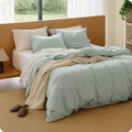 Bedsure Striped Duvet Cover Queen, 100% Washed Cotton Duvet Cover Linen‑Like, PureWoven with Reversible Yarn‑Dyed Design & Double‑Stitch Craft, 3-Piece with Zipper, Stripes Sage Green, 90"x90"