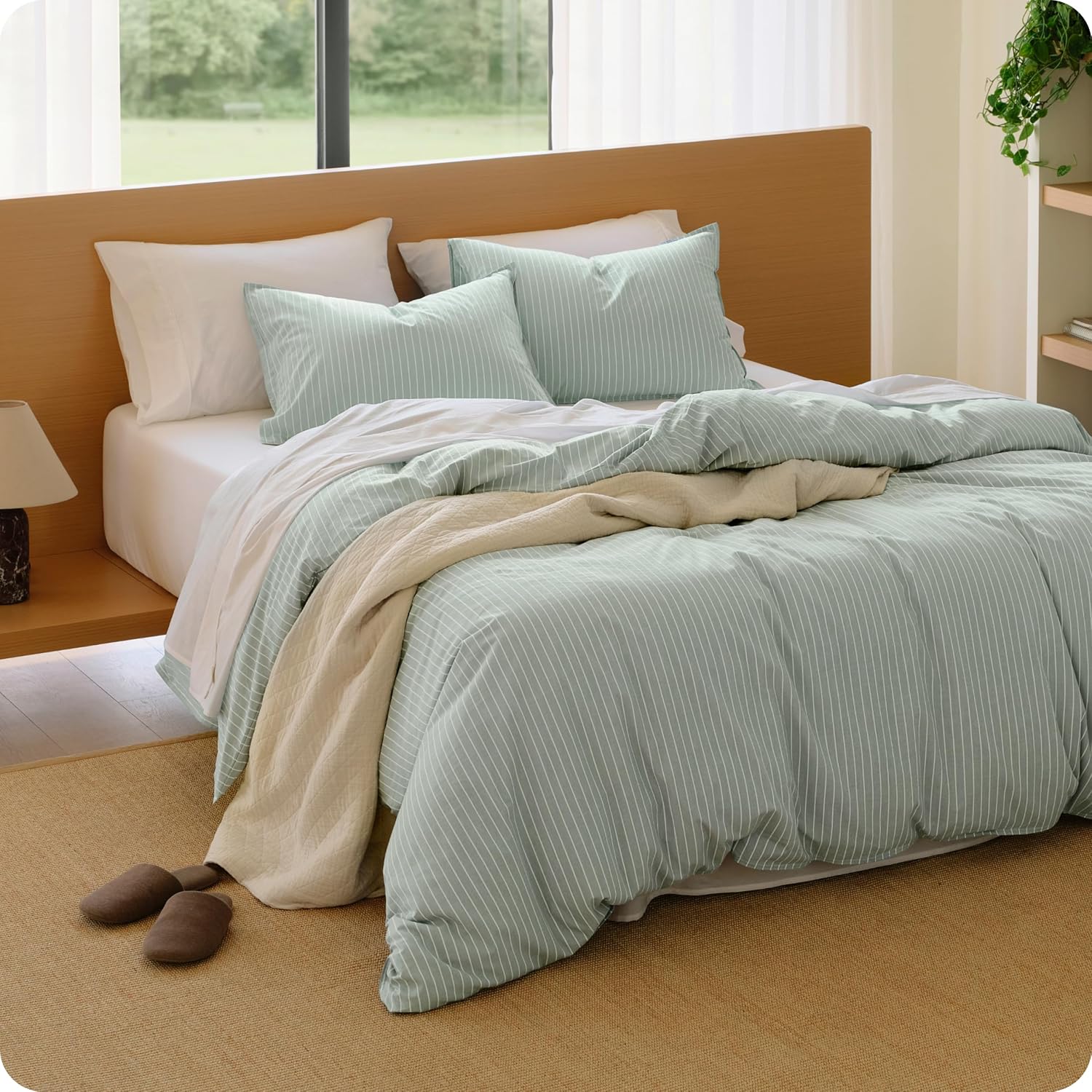 Bedsure Striped Duvet Cover Queen, 100% Washed Cotton Duvet Cover Linen‑Like, PureWoven with Reversible Yarn‑Dyed Design & Double‑Stitch Craft, 3-Piece with Zipper, Stripes Sage Green, 90"x90"