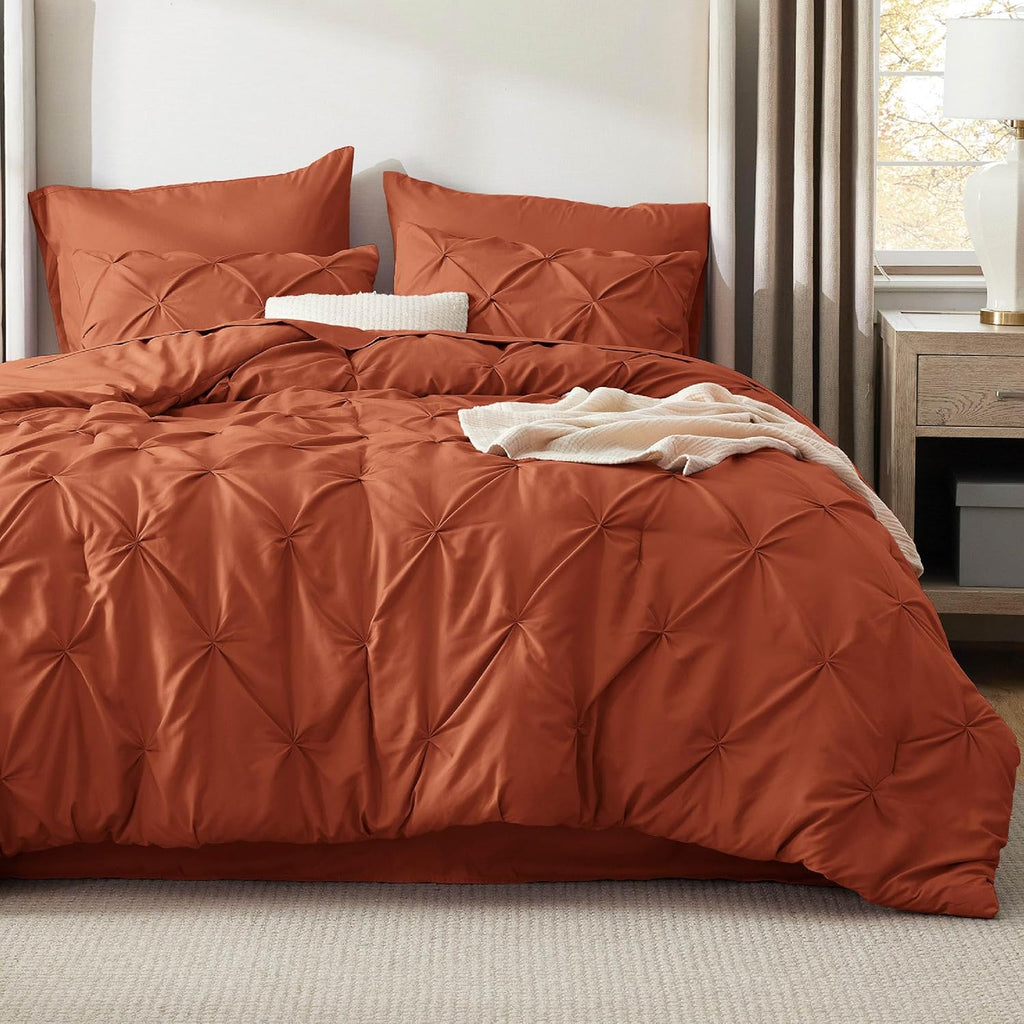 Bedsure King Size Comforter Set Burnt Orange - Bed in a Bag Bedding Set 7 Pieces, GentleSoft™ Pintuck Bed Set Gift for Family, All Season Down Alternative Comforter with Sheets, Pillowcases & Shams