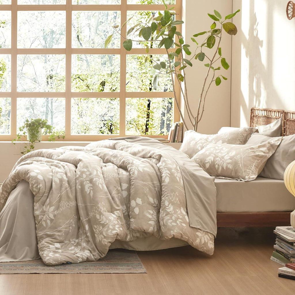 Bedsure Queen Comforter Set - 7 Pieces Floral Beige Soft Bedding Sets, Queen Bed in a Bag with Botanical Flowers Comforter, Sheets, Pillowcases & Shams