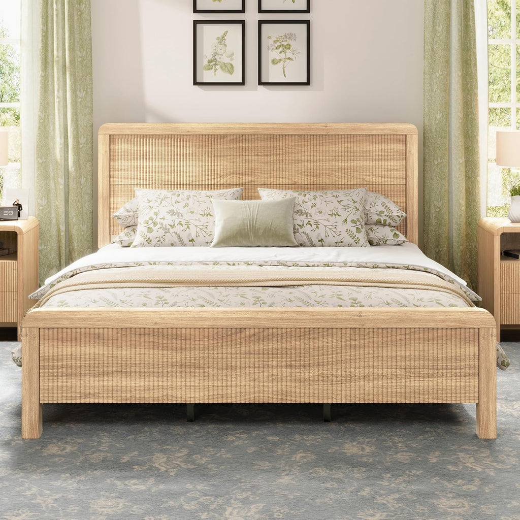 AMERLIFE Wood Queen Size Bed Frame with Headboard & Footboard, Modern Fluted Wooden Platform Bedframe with Rounded Safety Edges, Wood Slat Support, No Box Spring Needed, Easy Assembly, Natural Oak