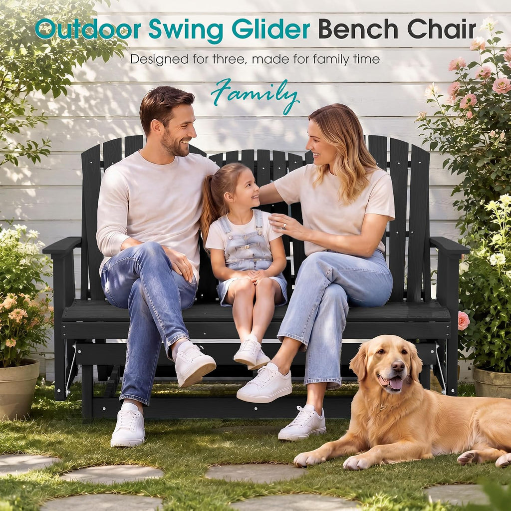 SERWALL 3 Person Outdoor Glider Bench with Cup Holder and iPad Placement,Oversized 66" HDPE Patio Glider Bench, All Weather Patio Glider Chair for Garden,Park,Yard,Front Porch,Black