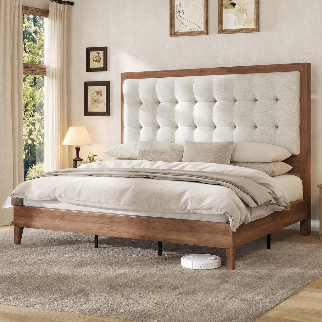 AMERLIFE King Size Bed Frame and Headboard, Solid Wooden Bed Frame King Size Platform Bed Frame Mid-Century Style, No Box Spring Required, Walnut