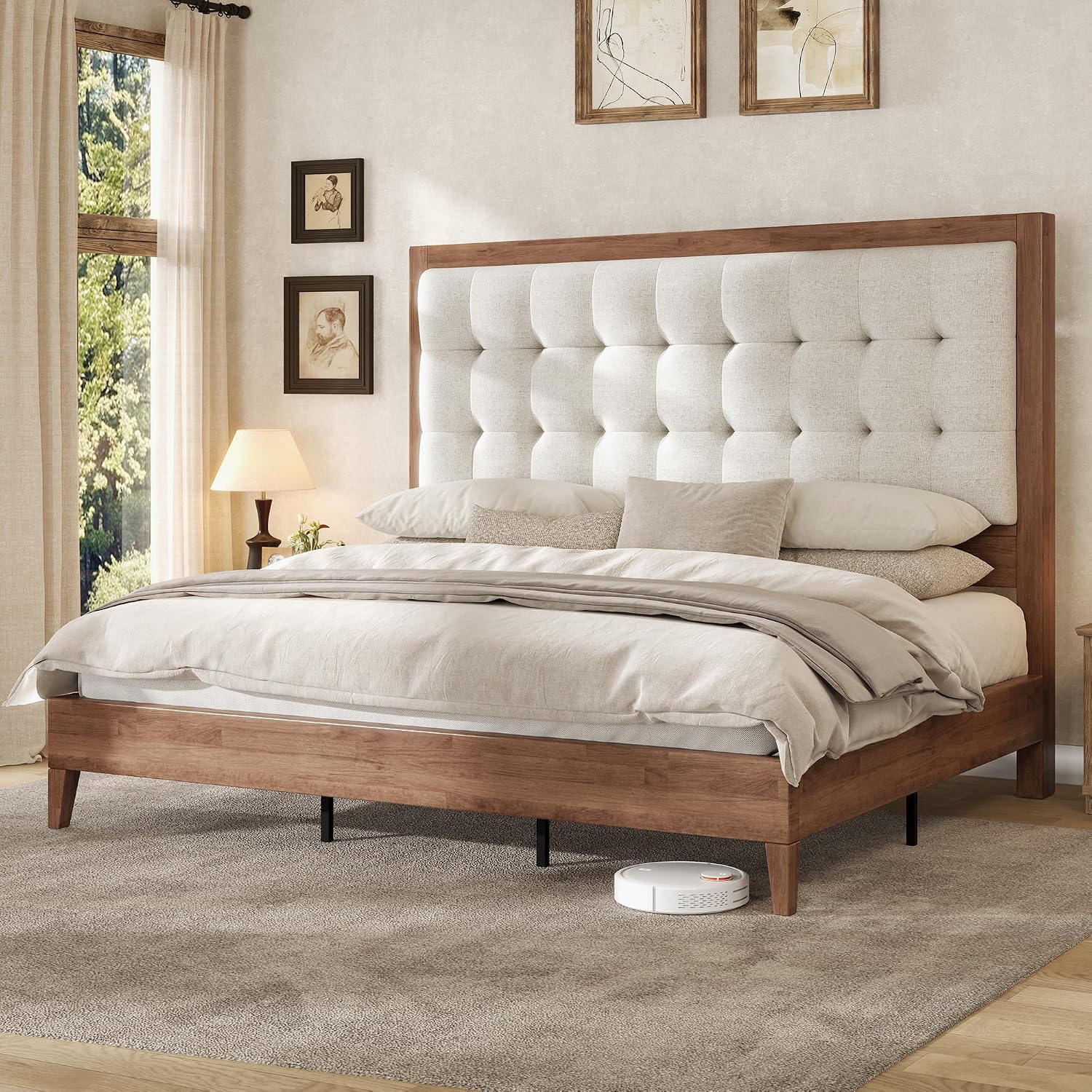 AMERLIFE King Size Bed Frame and Headboard, Solid Wooden Bed Frame King Size Platform Bed Frame Mid-Century Style, No Box Spring Required, Walnut