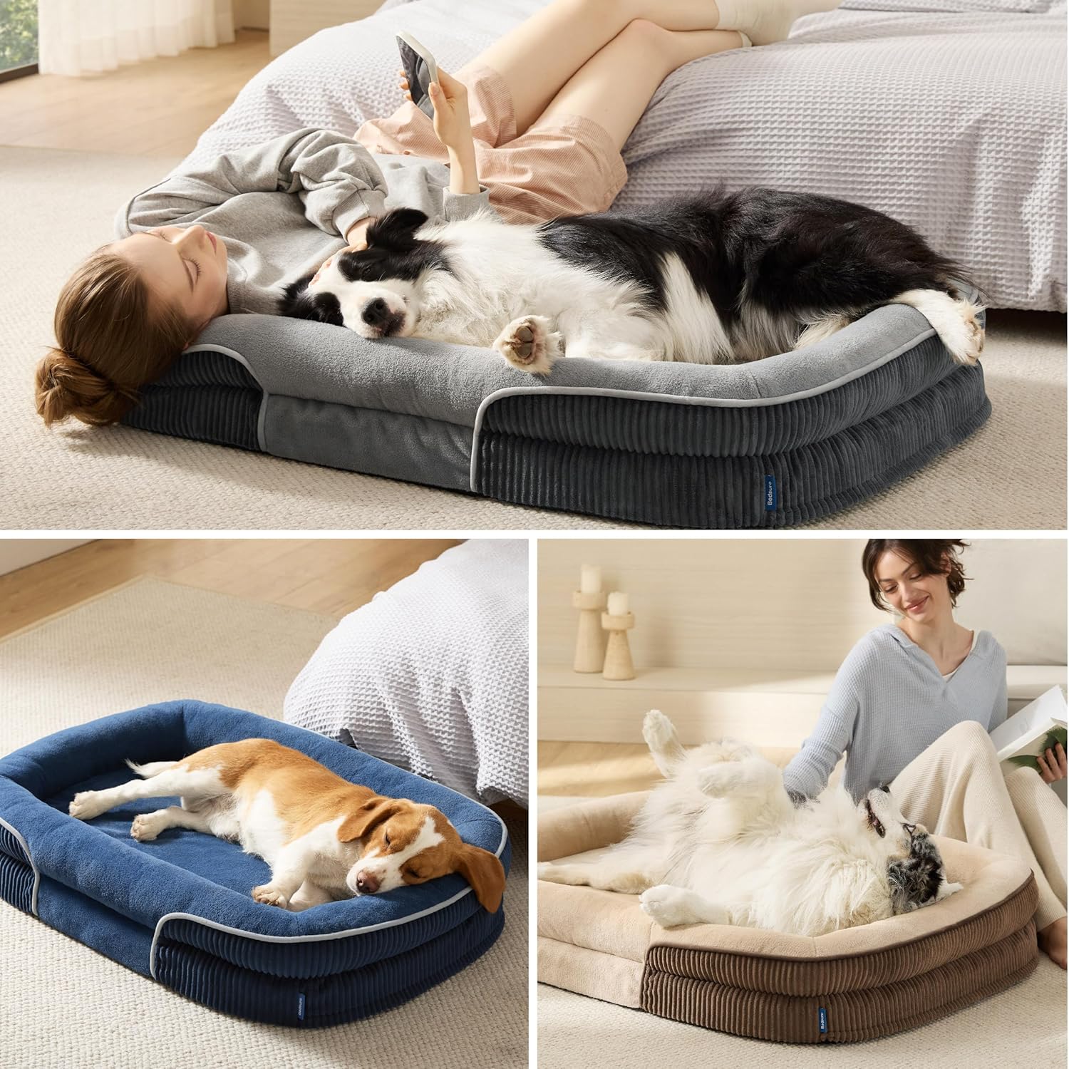 Bedsure Orthopedic Dog Bed Medium Size Dog - 360° Oval Bolster Medium Dogs Beds for Senior Dogs with Waterproof Washable Cover, Comfort Pet Sofa Couch with Ultra-Soft Fleece, Navy Blue, 30"