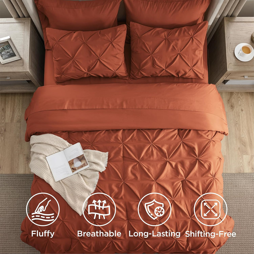 Bedsure King Size Comforter Set Burnt Orange - Bed in a Bag Bedding Set 7 Pieces, GentleSoft™ Pintuck Bed Set Gift for Family, All Season Down Alternative Comforter with Sheets, Pillowcases & Shams