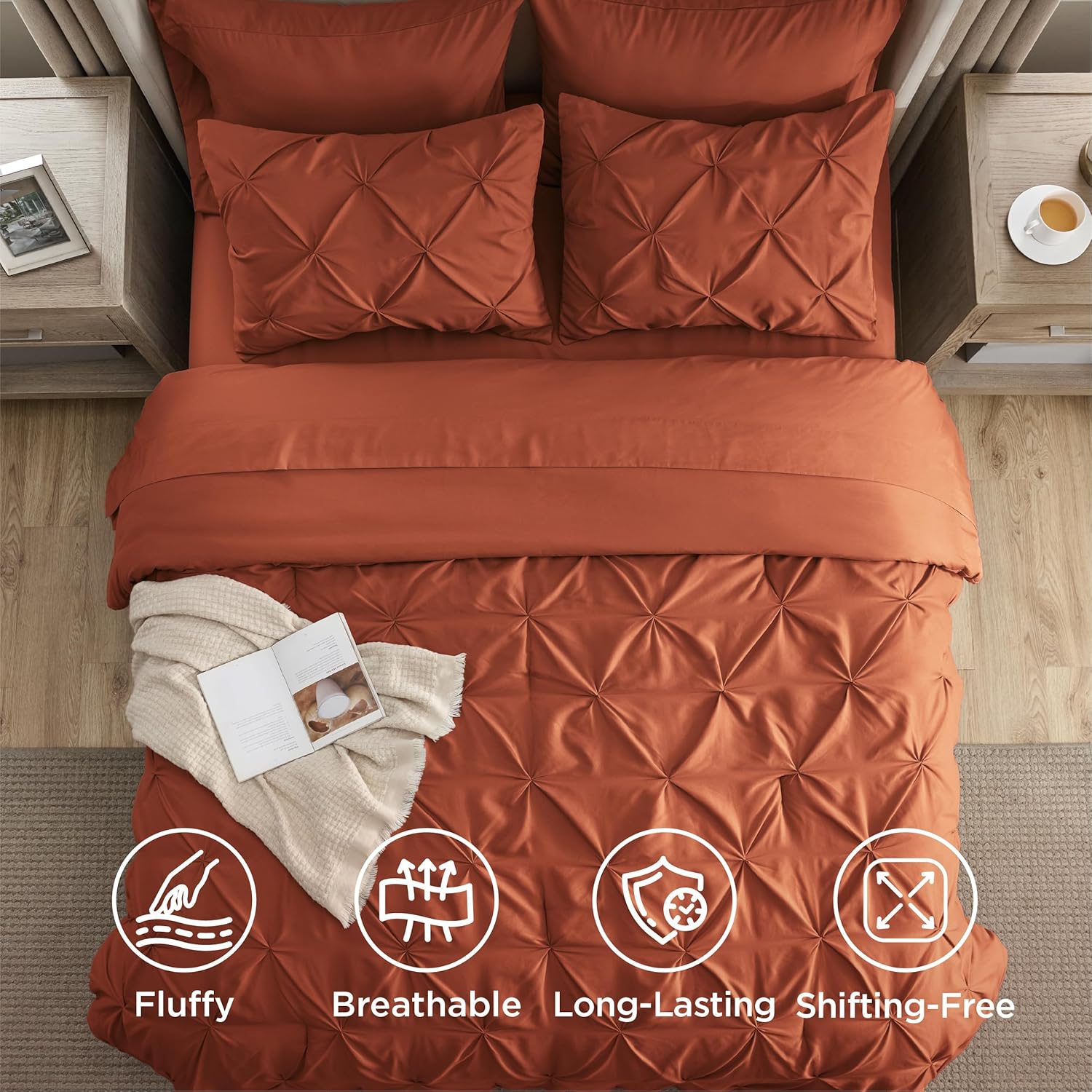Bedsure King Size Comforter Set Burnt Orange - Bed in a Bag Bedding Set 7 Pieces, GentleSoft™ Pintuck Bed Set Gift for Family, All Season Down Alternative Comforter with Sheets, Pillowcases & Shams
