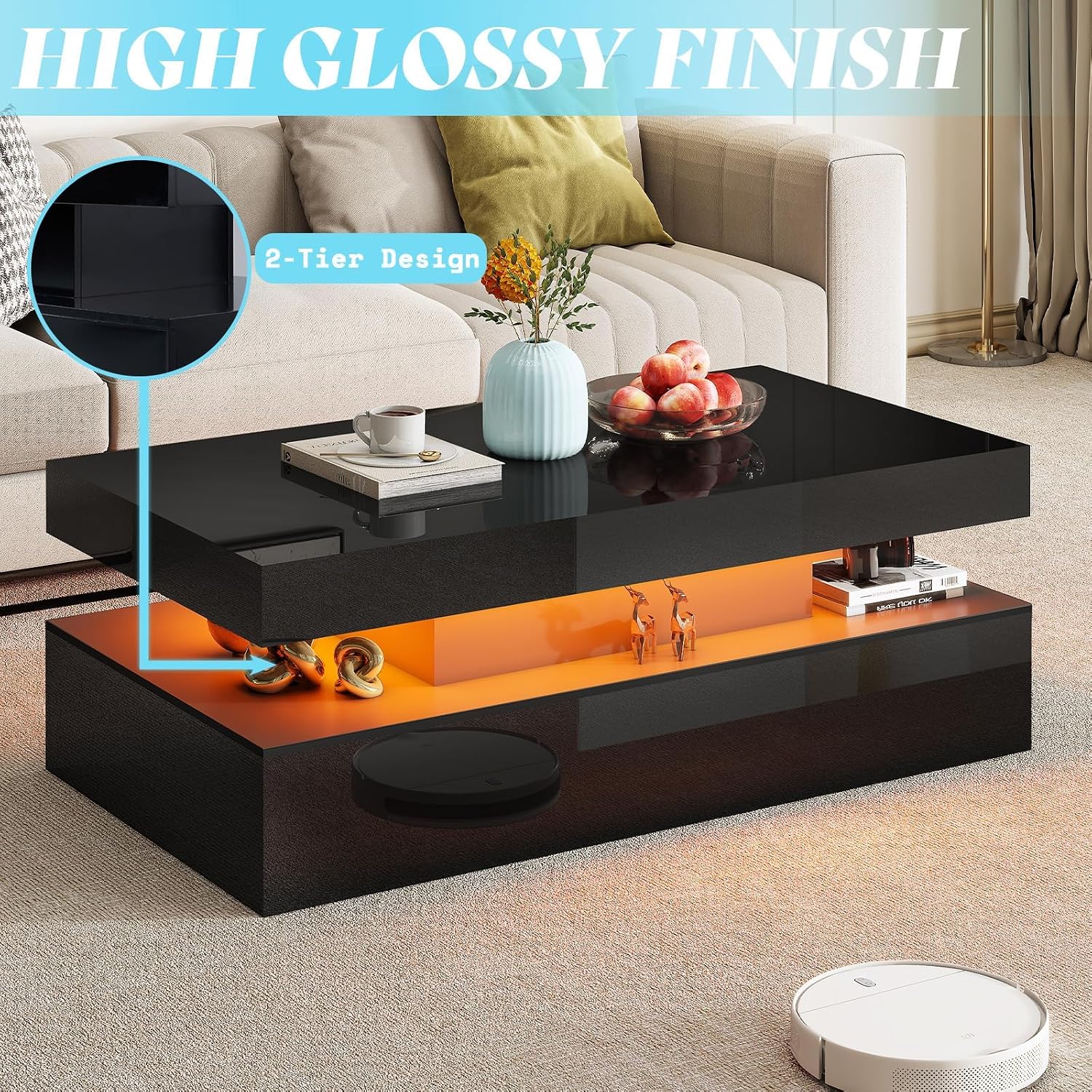 AMERLIFE 3-Piece High Gloss Living Room Table Set with LED Lights, Modern Coffee Table and 2 Side Tables, 2-Tier Center Table with Storage, Black Nightstands with Charging Station