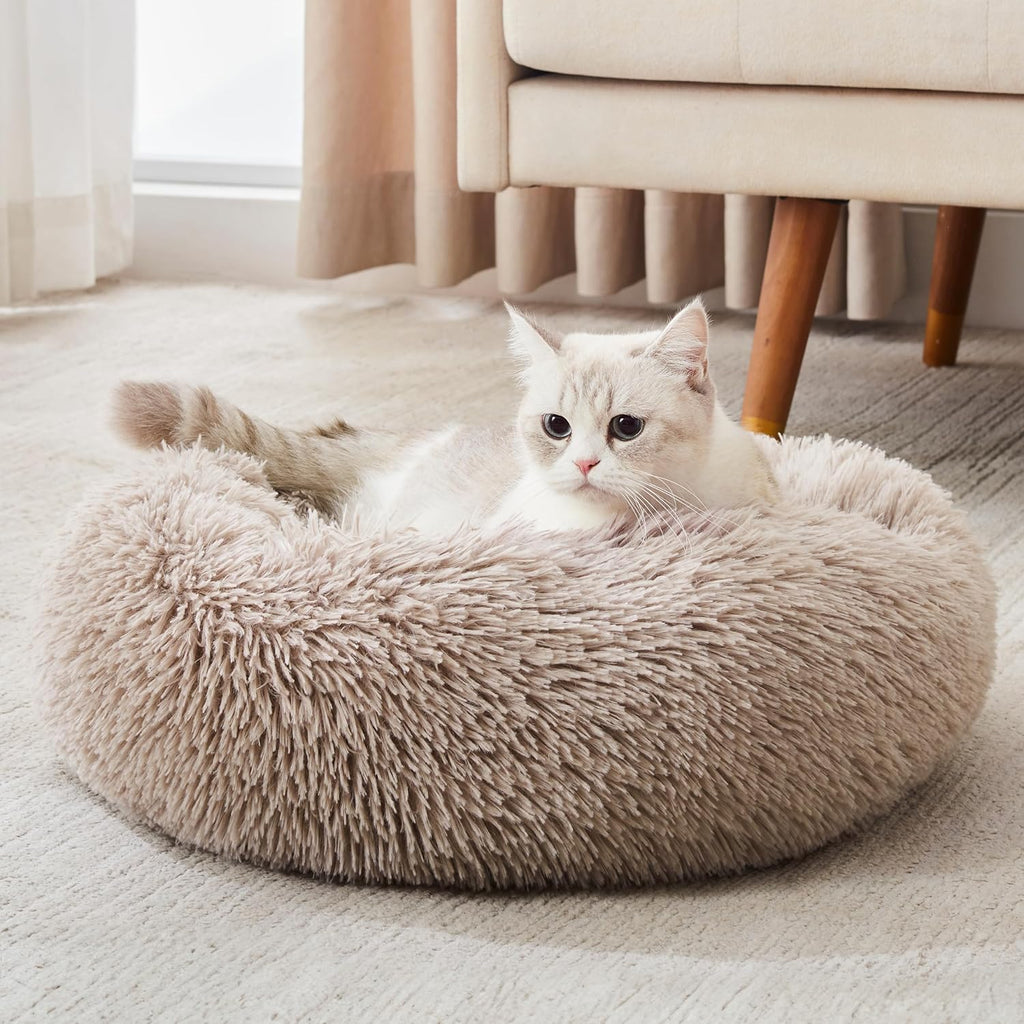 Calming Dog Bed & Cat Bed, Anti-Anxiety Donut Cuddler Warming Cozy Soft Round Fluffy Faux Fur Plush Cushion Bed for Small Medium Dogs and Cats (20"/24"/27"/30")