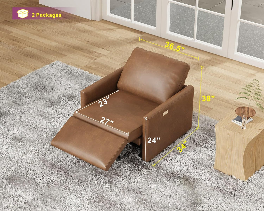 AMERLIFE 36.5” Power Recliner Chair, Single Electric Reclining Sofa with USB Charging Port, Leather Recliner for Living Room, Brown