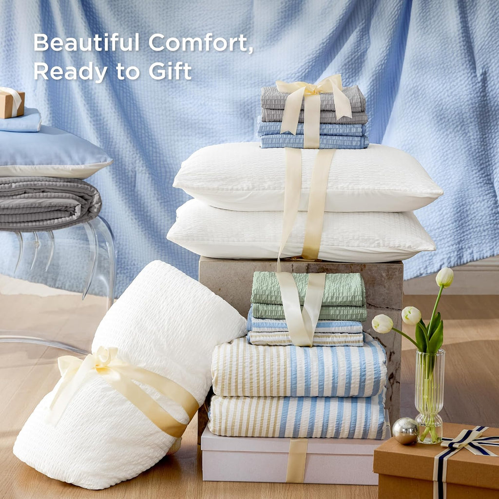 Bedsure SleepEase Cooling Comforter King Size for Summer, 3 Pieces White Seersucker Cooling Comforters for Hot Sleepers, Double-Sided Cool Tech Bedding Set with 1 Breathable Comforter, 2 Pillowcases