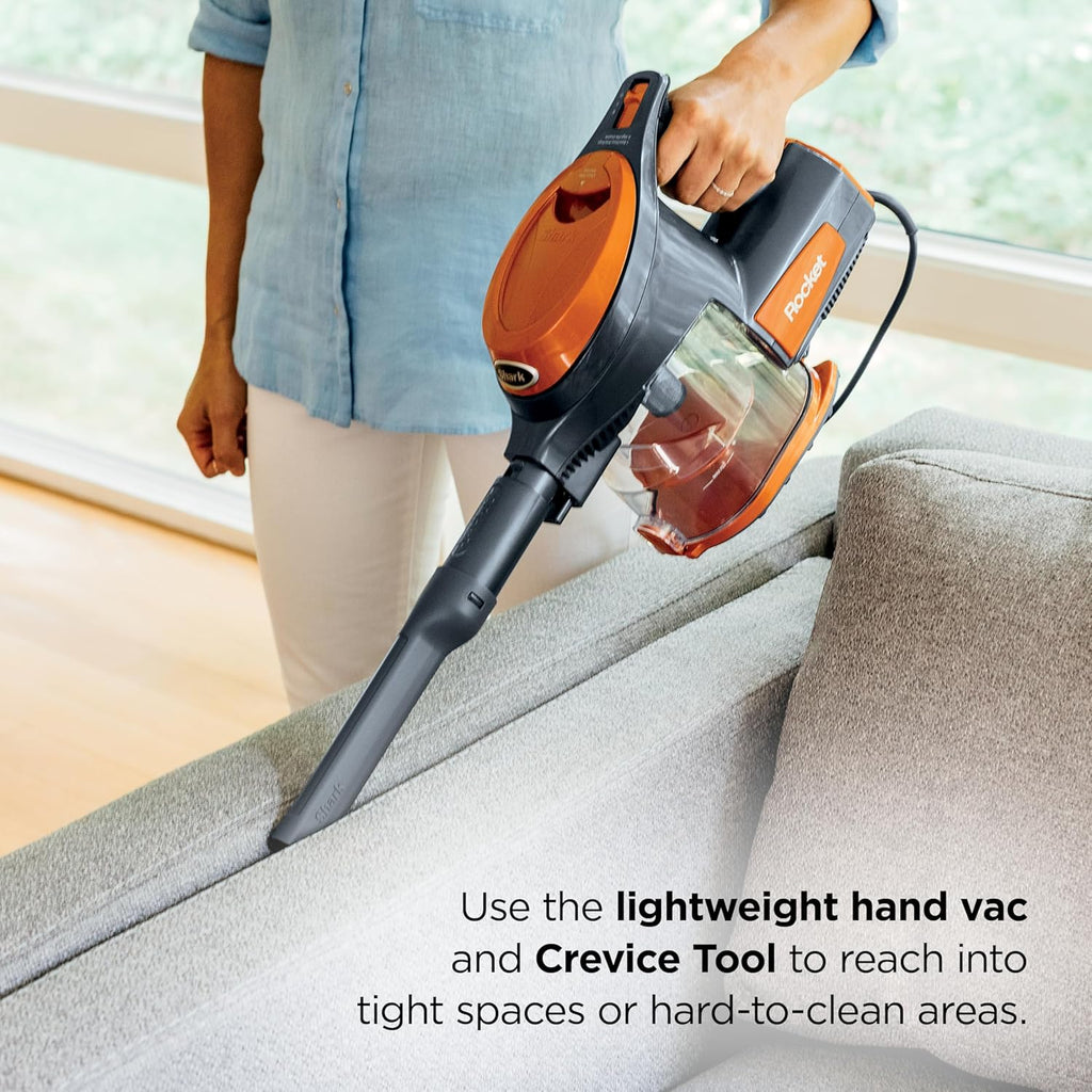 Shark Rocket Ultra-Light | Corded Stick Vacuum Cleaner for Carpet, Rugs & Hard Floors | Lightweight Hand Vacuum for Pet Hair & Upholstery | Swivel Steering | 2 Attachments | Gray/Orange | HV301