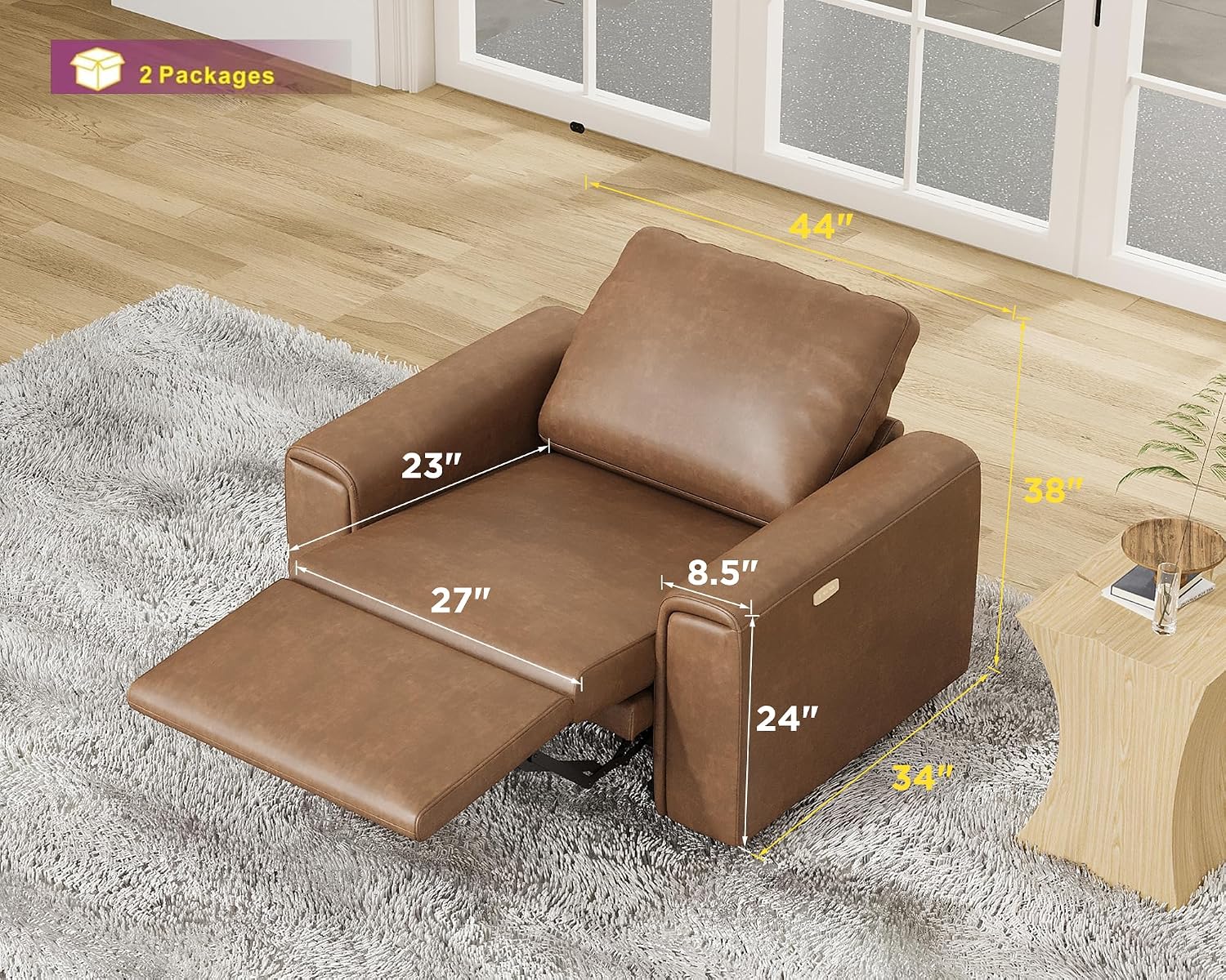 AMERLIFE 44” Power Recliner Chair with 8.5” Wide Armrests, Single Electric Reclining Sofa with USB Charging Port, Leather Recliner for Living Room, Brown