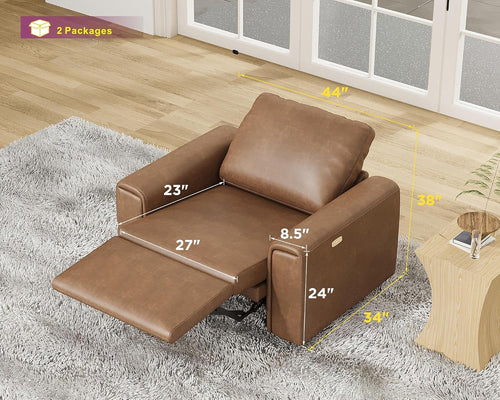 AMERLIFE 44” Power Recliner Chair with 8.5” Wide Armrests, Single Electric Reclining Sofa with USB Charging Port, Leather Recliner for Living Room, Brown