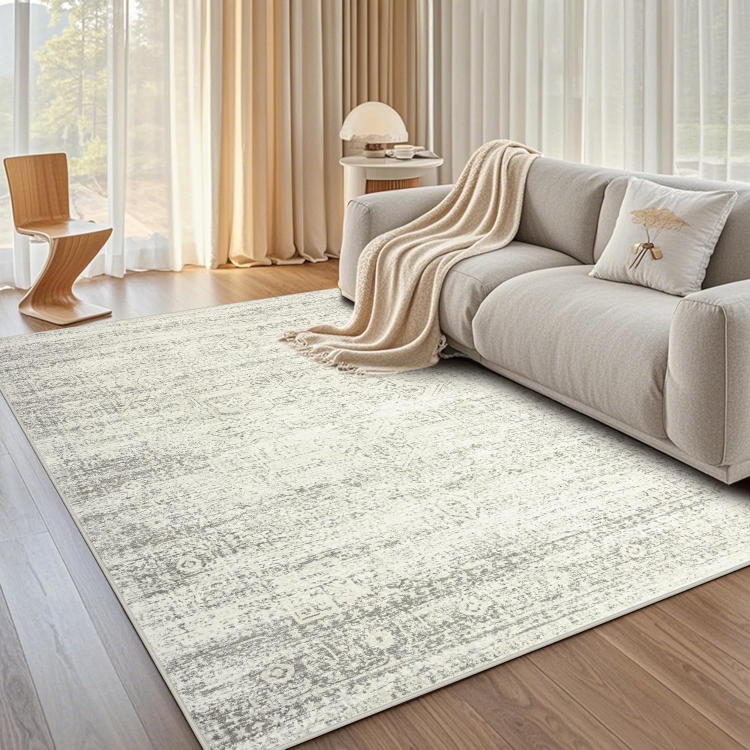 Srugn Washable Area Rug for Living, Bedroom & Dining Room, Ultra Soft Faux Wool Retro Large Carpet, Non-Slip/Shedding Low Pile Vintage Print for Home Office Decor, Beige Ivory Cream Brown Camel, 5x7