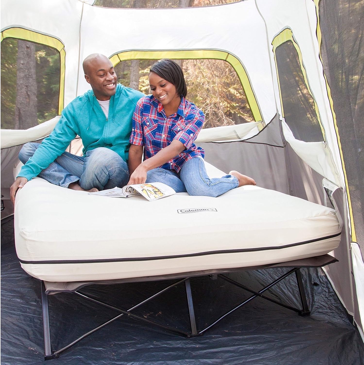 Coleman Queen-Size Airbed Cot Combination, Folding Air Mattress with Steel Frame & Side Table, Battery Pump Included, Great for Camping, Lounging, Elevated Sleeping, Guests, & More