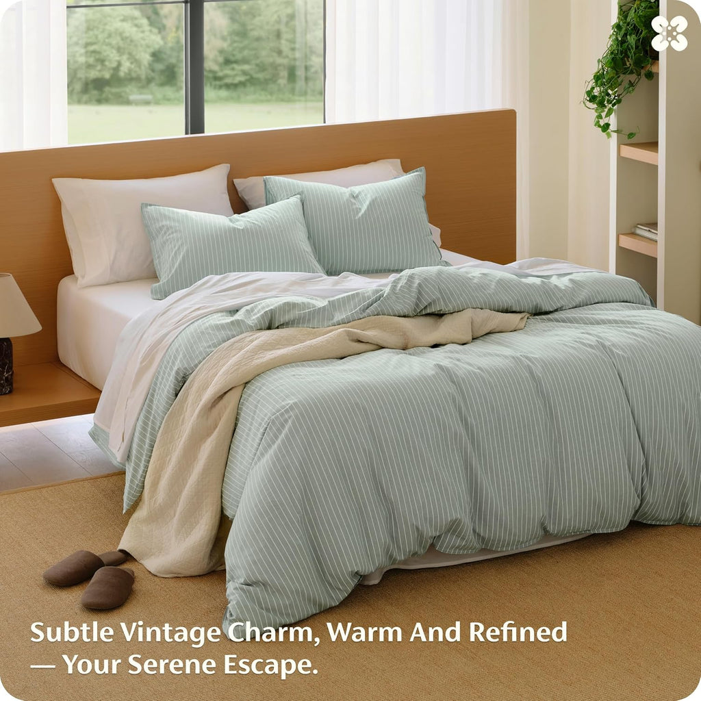 Bedsure Striped Duvet Cover Queen, 100% Washed Cotton Duvet Cover Linen‑Like, PureWoven with Reversible Yarn‑Dyed Design & Double‑Stitch Craft, 3-Piece with Zipper, Stripes Sage Green, 90"x90"