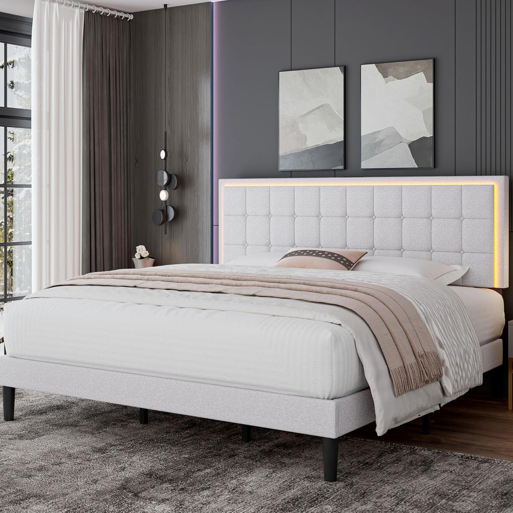 AMERLIFE Full Size Upholstered Bed Frame with LED Lights, Soft Fabric/Button Tufted Platform Bed with Charging Station/Wood Slat Support/Noise Free, White