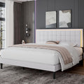 AMERLIFE Full Size Upholstered Bed Frame with LED Lights, Soft Fabric/Button Tufted Platform Bed with Charging Station/Wood Slat Support/Noise Free, White