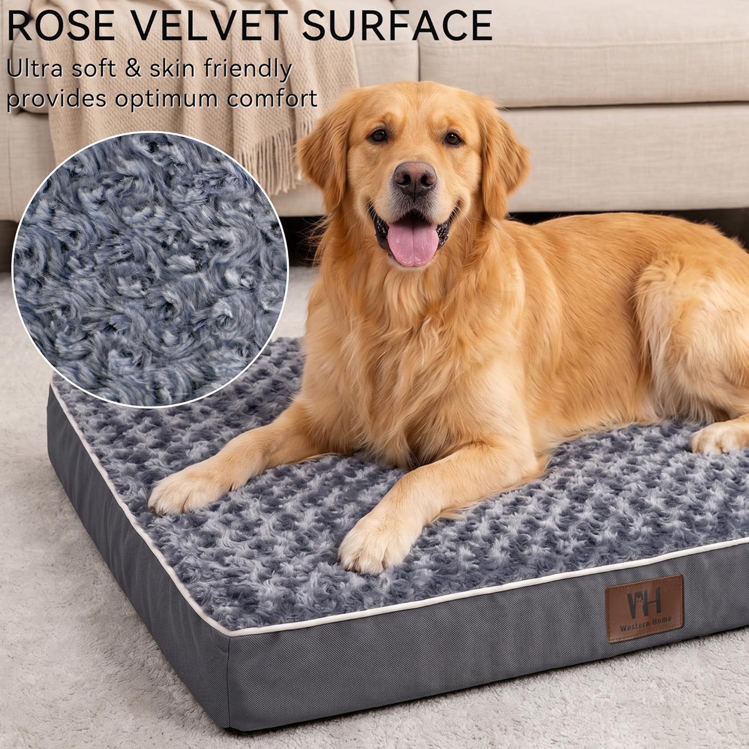 WESTERN HOME WH Orthopedic XXL Dog Bed, Waterproof Extra Large Dog Bed with Removable Washable Cover and Nonskid Bottom, Thick Egg Crate Foam XXL Pet Beds, Grey 47"