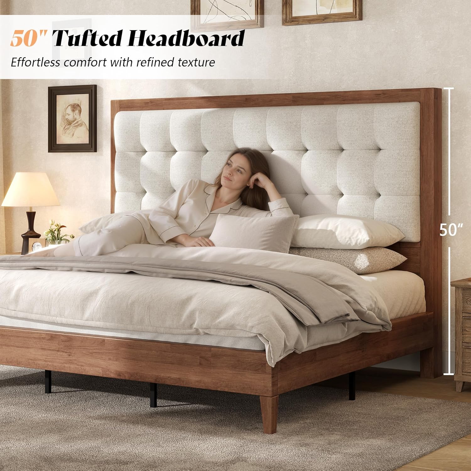 AMERLIFE King Size Bed Frame and Headboard, Solid Wooden Bed Frame King Size Platform Bed Frame Mid-Century Style, No Box Spring Required, Walnut