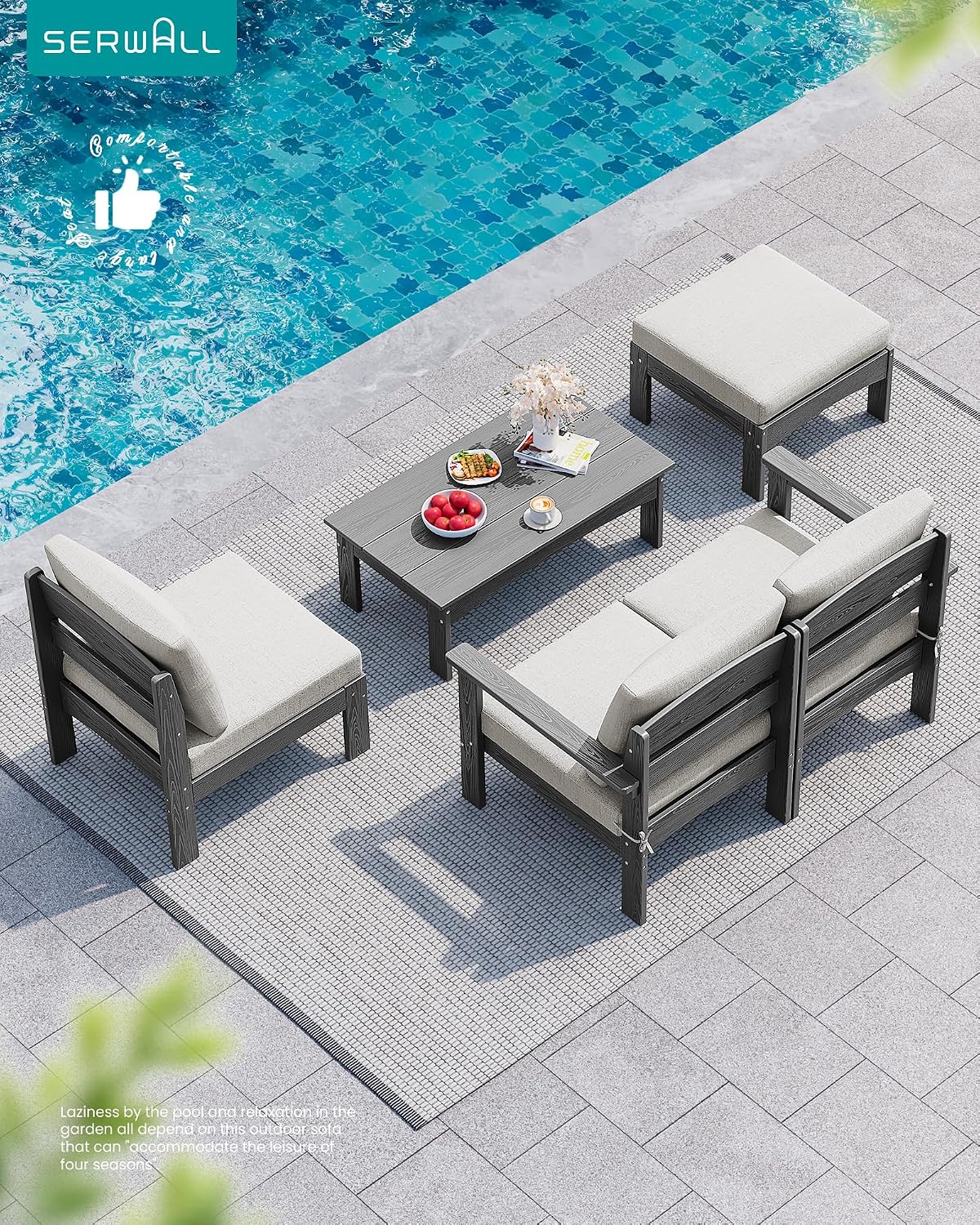 SERWALL HDPE Patio Loveseat Sofa, 2 Pieces Single Sofa, Weather-Resistant Outdoor Furniture Chair with Thick Removable Cushion, Balcony, Garden, Backyard, Poolside, Grey Frame with Khaki Cushion