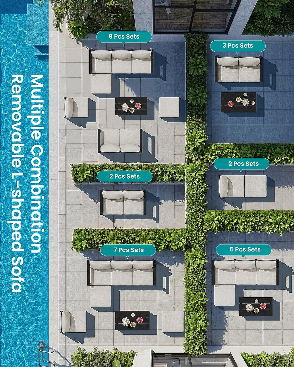 SERWALL 2 Pieces Patio Conversation Set, All-Weather HDPE Outdoor Sofa with Removable Cushions and Ottoman, Modular Design Converts to Chaise Lounge, Porch, Poolside, Black Frame with Khaki Cushion