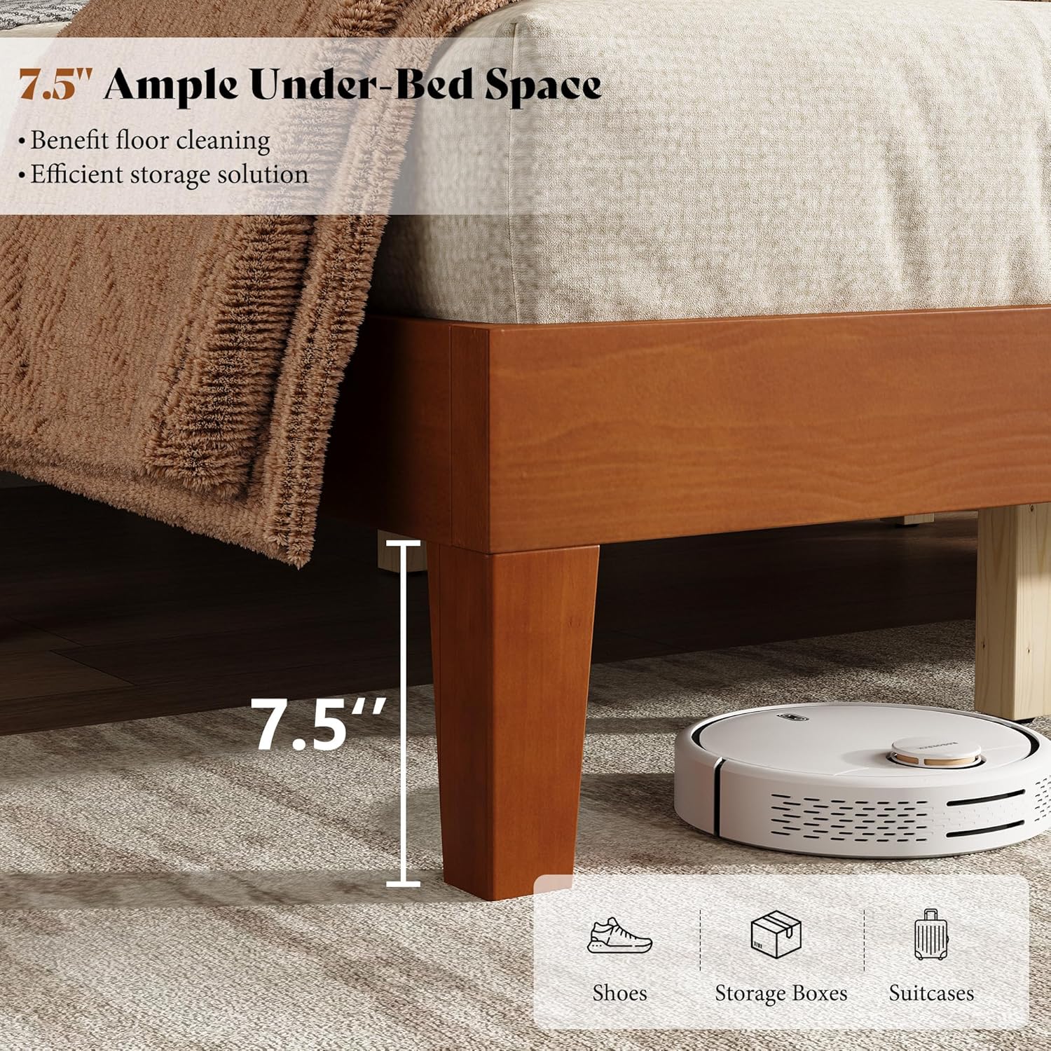AMERLIFE Queen Size Bed Frame with 48" Tall Headboard, Mid Century Modern Solid Wood Platform Bed with Silent Wood Slat System, No Box Spring Needed, Under-Bed Storage, Brown