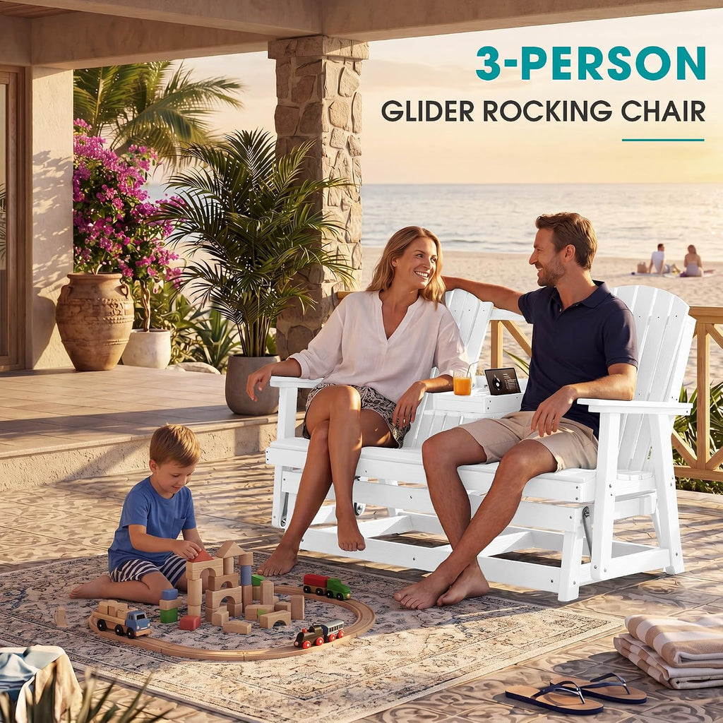 SERWALL 3 Person Outdoor Glider Bench with Cup Holder and iPad Placement,Oversized 66" HDPE Patio Glider Bench, All Weather Patio Glider Chair for Garden,Park,Yard,Front Porch,White